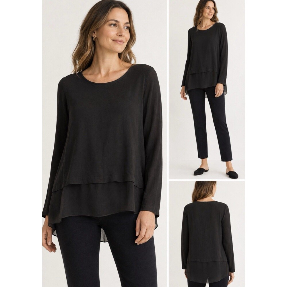 Eileen Fisher Layered 100% Silk Tunic Blouse – Women’s Medium – Black